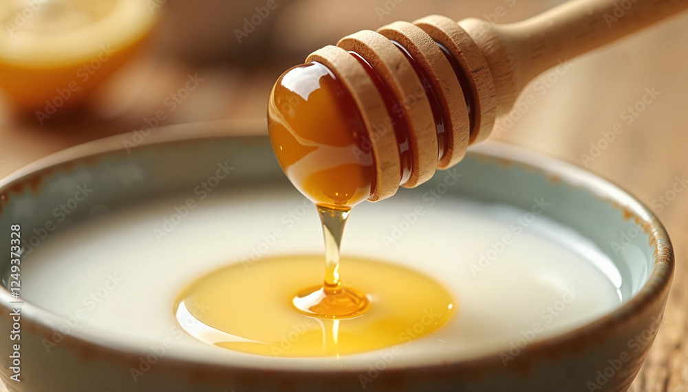 Honey drizzling into bowl of yogurt on wooden table