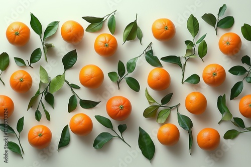 Fresh tangerines and green leaves arranged artfully on a light background