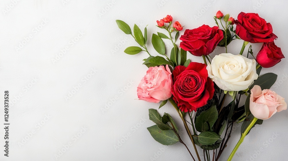 Fototapeta premium Beautiful Arrangement of Red and Pink Roses on White Background