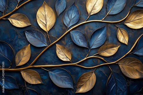 Elegant golden and blue leaves decor on textured dark background showcasing n...