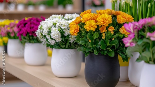 Wallpaper Mural Colorful Flower Pots Displayed on a Wooden Shelf in a Shop Torontodigital.ca