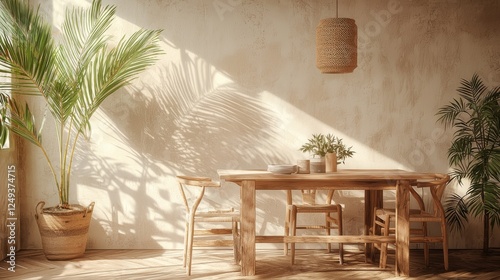 Wooden dining table with matching chairs in a cozy interior setting