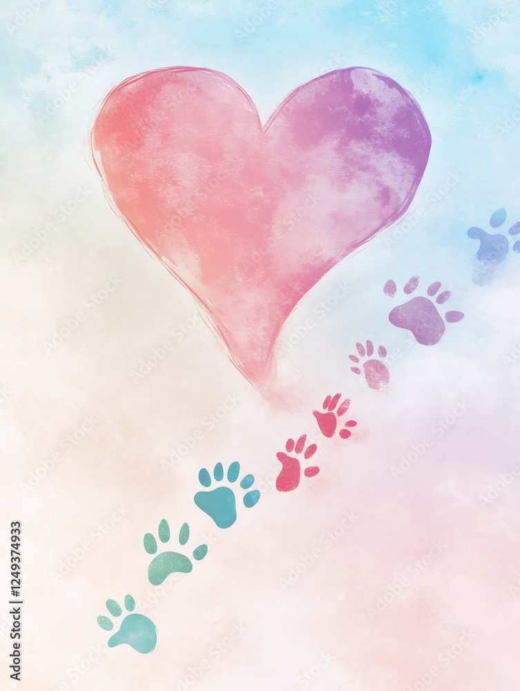 Cartoon Paw Prints Leading to Heart Illustration - A whimsical design featuring colorful paw prints leading towards a large heart symbolizing love, companionship, and joy in a vibrant style. Cartoon Paw Prints Leading to Heart Illustration - A whimsical design featuring colorful paw prints leading towards a large heart symbolizing love, companionship, and joy in a vibrant style.