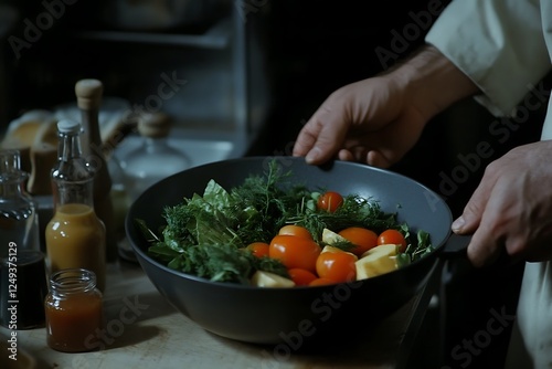 Chef Prepares Delicious Vegetable Salad photo