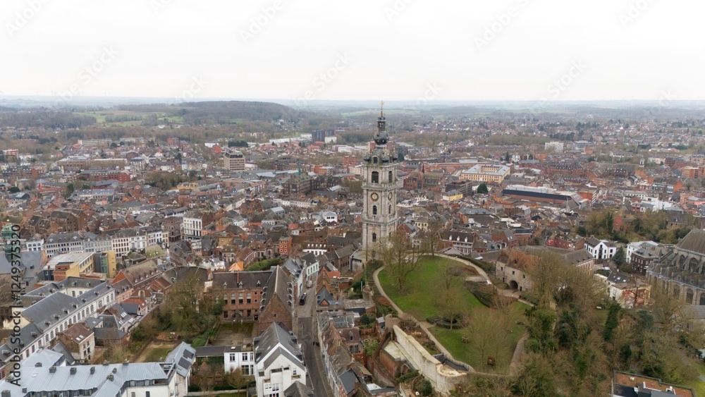 Fototapeta premium Aerial View of Mons, Belgium with Belfry Tower 