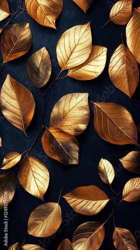 Golden leaves arranged artistically on a dark background highlighting their i...