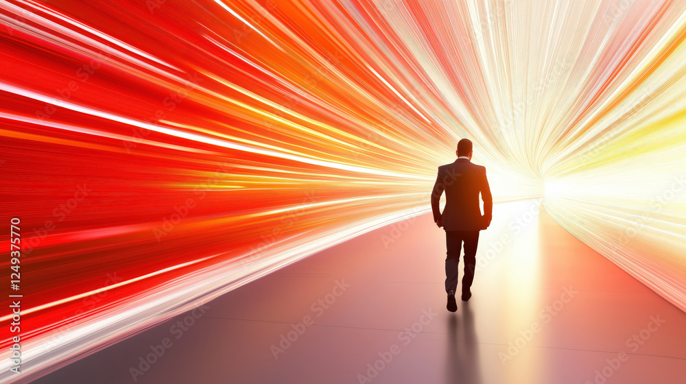 Businessman walking towards bright light, symbolizing opportunity and success Businessman walking towards bright light, symbolizing opportunity and success