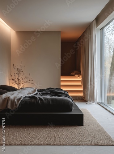 Modern bedroom design featuring clean lines and natural light in a serene set...