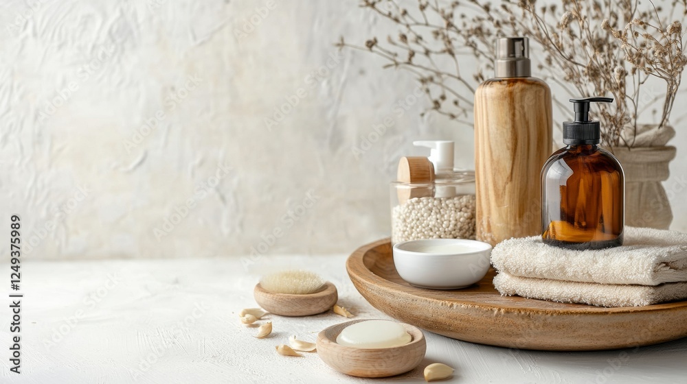 Natural spa essentials on a wooden tray Natural spa essentials on a wooden tray