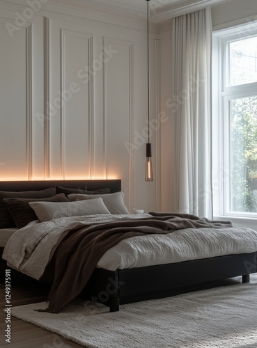 Modern bedroom interior with stylish lighting and cozy textiles in a serene a...