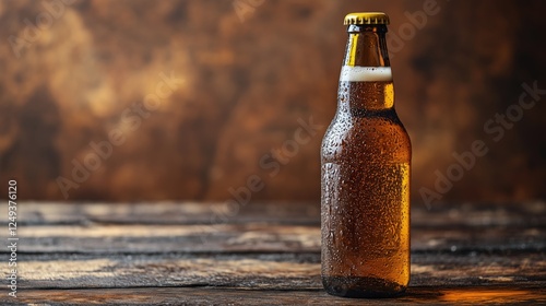 Refreshing cold beer bottle on rustic wooden table in warm ambiance