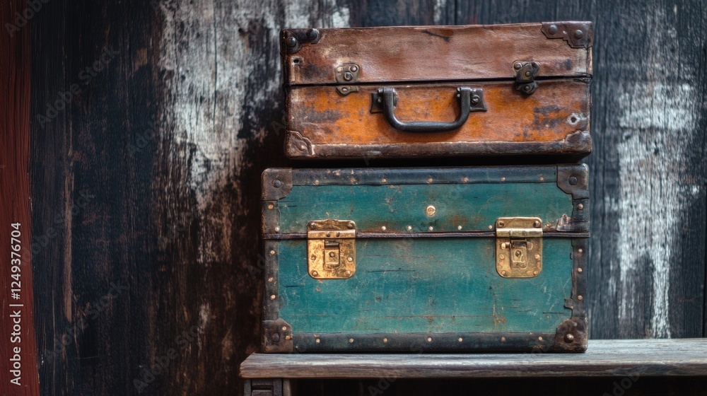 Antique suitcases stacked against a rustic wall Antique suitcases stacked against a rustic wall