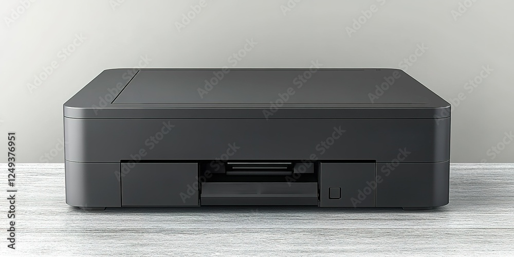 Fototapeta premium Modern black printer on a wooden desk against a neutral wall in a minimalistic workspace