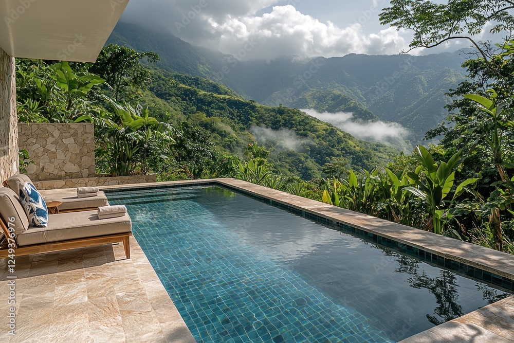 Obraz premium Serene mountain villa with infinity pool overlooking lush green landscape