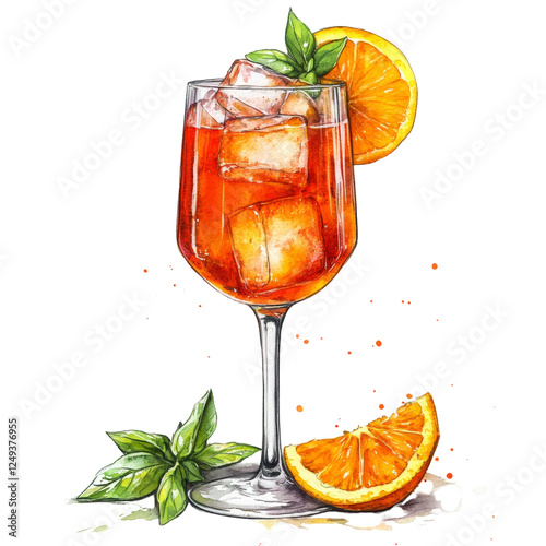 Vibrant watercolor illustration of aperol spritz with orange and basil