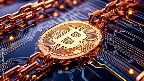 Golden Bitcoin Coin on Circuit Board with Digital Technology Background