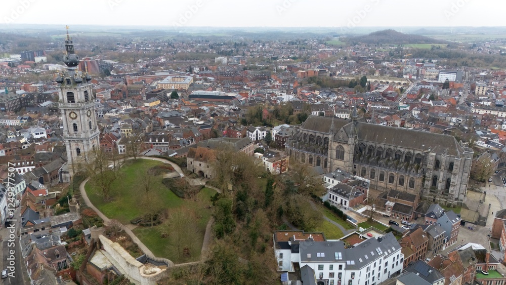 Obraz premium Drone View of Mons Belfry and Saint Waltrude Church