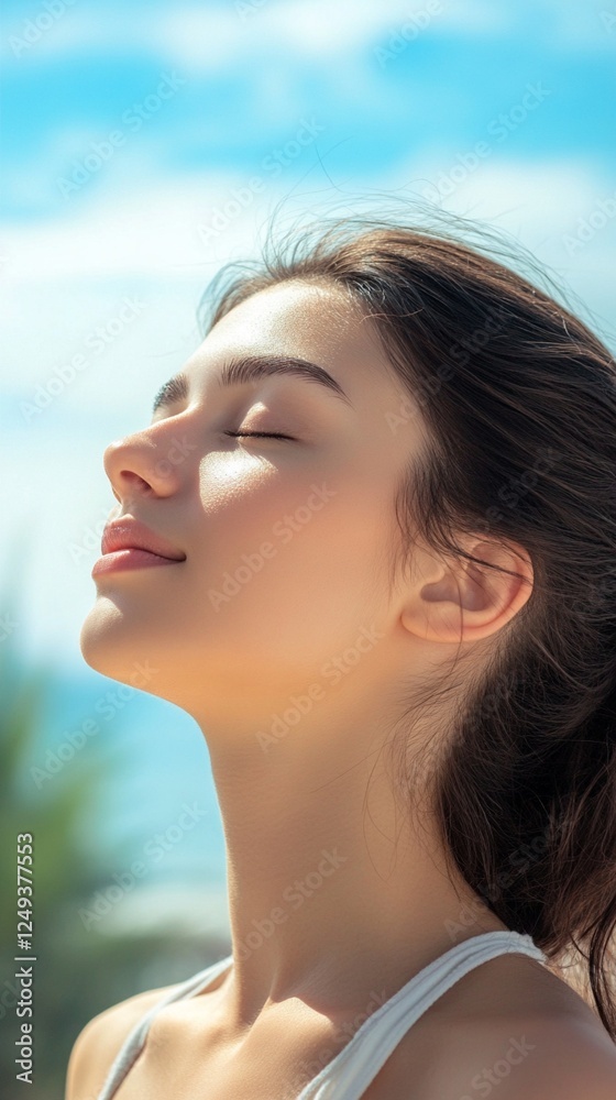 Profile portrait of a young woman with closed eyes enjoying warm sunlight on her face against blue sky background, expressing serenity, peace and mindfulness. Profile portrait of a young woman with closed eyes enjoying warm sunlight on her face against blue sky background, expressing serenity, peace and mindfulness.