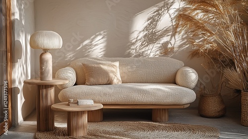 Beige couch in sunlit room with wooden accents photo