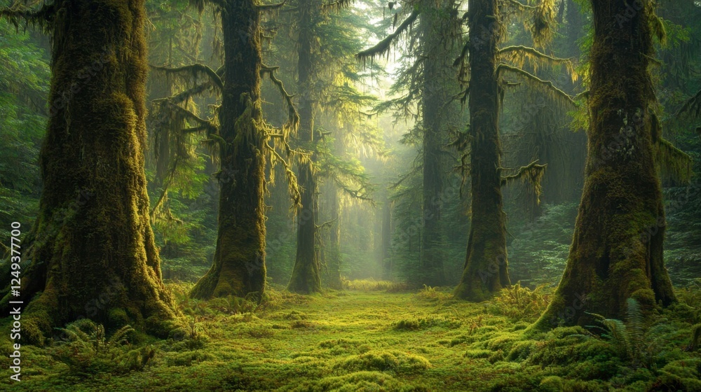 Obraz premium Lush Green Forest with Sunlight Filtering Through Ancient Trees