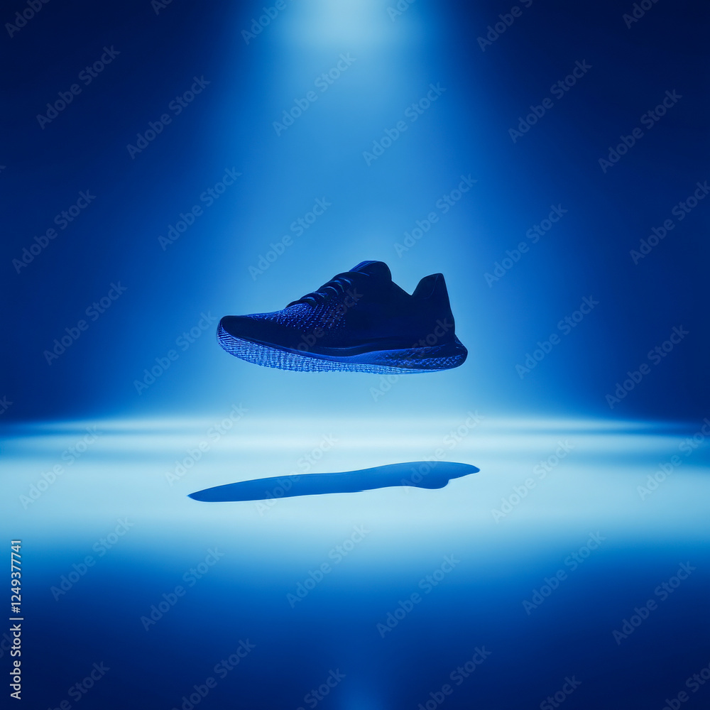 A stylish sneaker levitates under a dramatic blue spotlight, creating a futuristic and modern aesthetic, symbolizing innovation, performance, and technology A stylish sneaker levitates under a dramatic blue spotlight, creating a futuristic and modern aesthetic, symbolizing innovation, performance, and technology