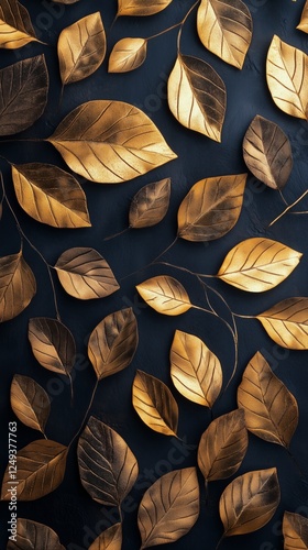 Decorative golden leaves arranged on a dark surface for artistic display