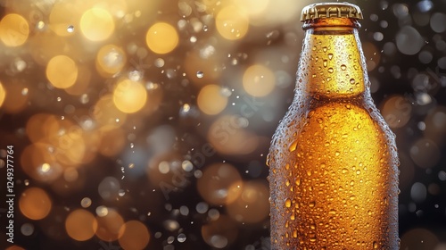 Refreshing drink in a bottle with condensation against a sparkling background