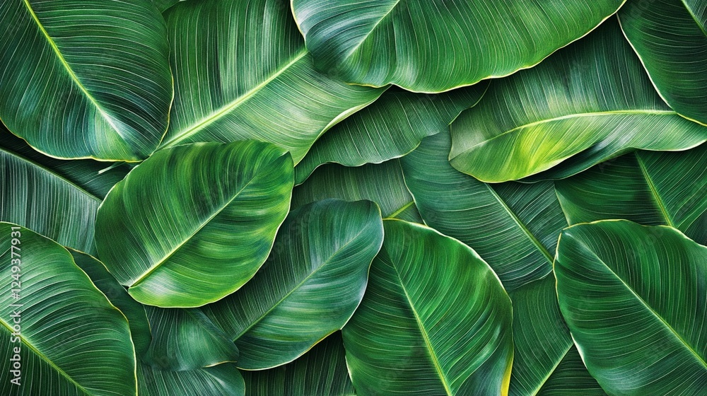 Fototapeta premium Lush green banana leaves creating natural pattern background, tropical foliage texture with overlapping large leaves showing prominent veins and varying shades of emerald green.