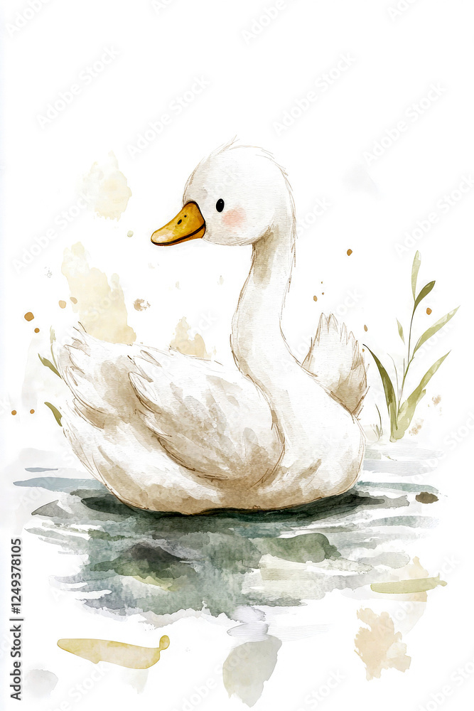 Obraz premium A delicate watercolor illustration of a graceful swan floating on a calm pond, surrounded by soft splashes and nature-inspired details