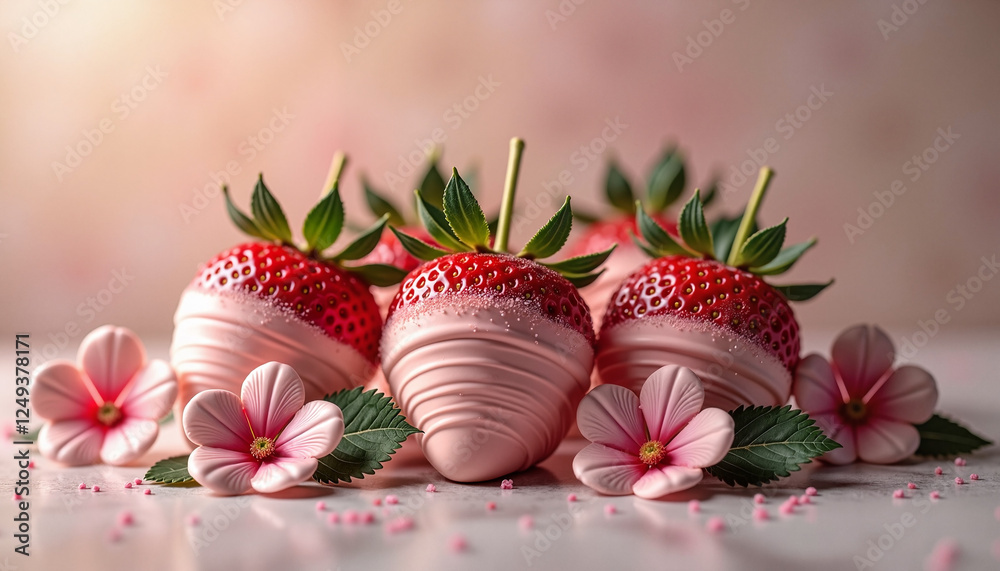 Chocolate-dipped strawberries with pink flowers and soft background Chocolate-dipped strawberries with pink flowers and soft background