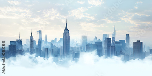 City in the Clouds: A majestic cityscape emerges from a sea of clouds, skyscrapers piercing the misty veil, creating a breathtaking, surreal scene. The image evokes a sense of mystery and grandeur.