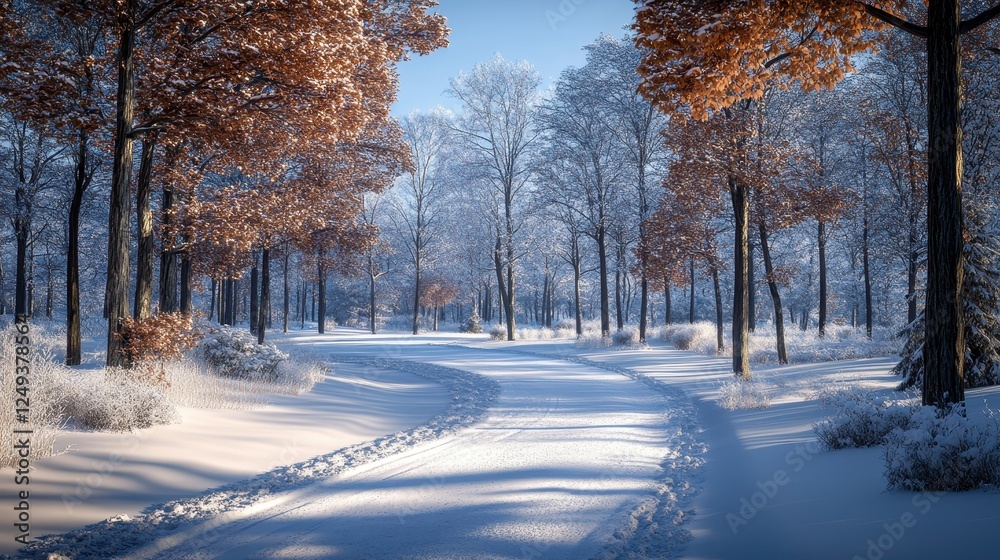 Snowy path winding through winter forest, sunlight; serene nature scene Snowy path winding through winter forest, sunlight; serene nature scene