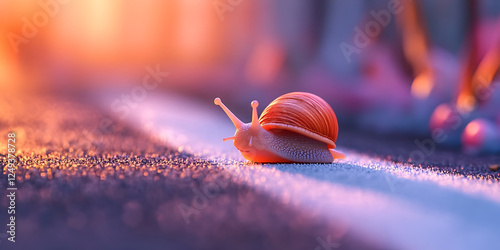 Snail's Journey: A small snail crawls along a white line, the setting sun casting a warm glow. The image evokes a sense of perseverance, slow progress, and determination.  