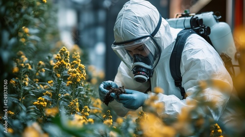 Wallpaper Mural Worker in protective gear examining plants in a greenhouse during pest control in early morning Torontodigital.ca