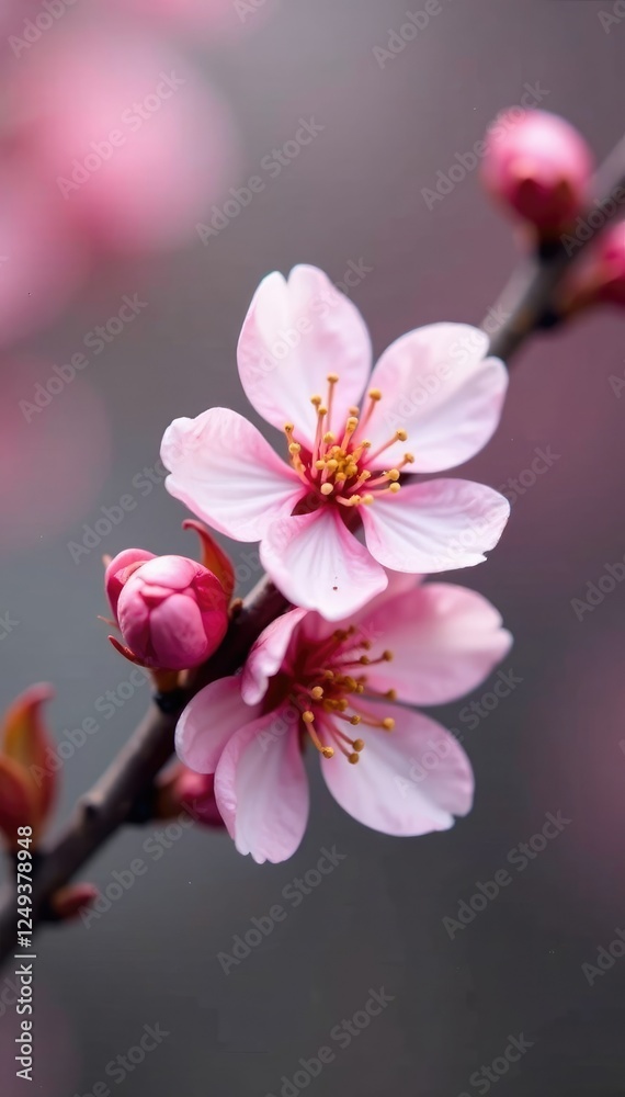 Delicate pink cherry blossom buds unfolding on a branch, pink flowers, spring, blooming Delicate pink cherry blossom buds unfolding on a branch, pink flowers, spring, blooming