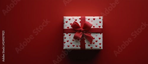 Red gift box with heart patterns on a red background, perfect for celebration...