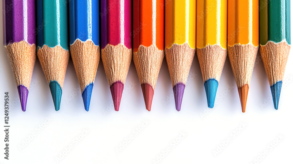 Colorful pencils arranged in a row on a white background for educational purposes and creative projects Colorful pencils arranged in a row on a white background for educational purposes and creative projects