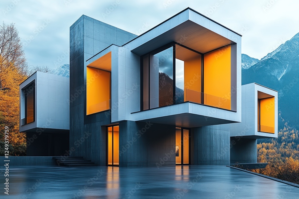 Modern architectural design featuring geometric shapes and vibrant orange accents in nature Modern architectural design featuring geometric shapes and vibrant orange accents in nature