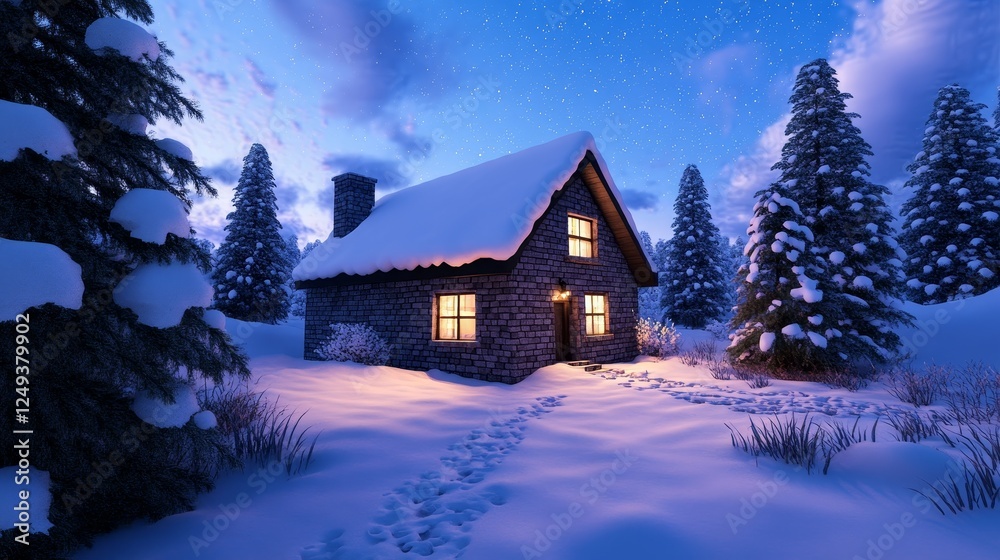Naklejka premium Cozy Winter Cabin in Snowy Forest - A charming cabin surrounded by snow-covered trees, illuminated windows, and a serene winter atmosphere under a starry sky.