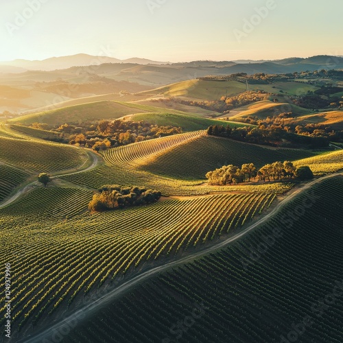 Rolling hills landscape of napa valley with vineyards and distant mountains under clear blue sky