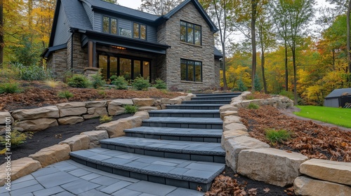 Stone steps lead to a modern house surrounded by colorful autumn trees in a s...
