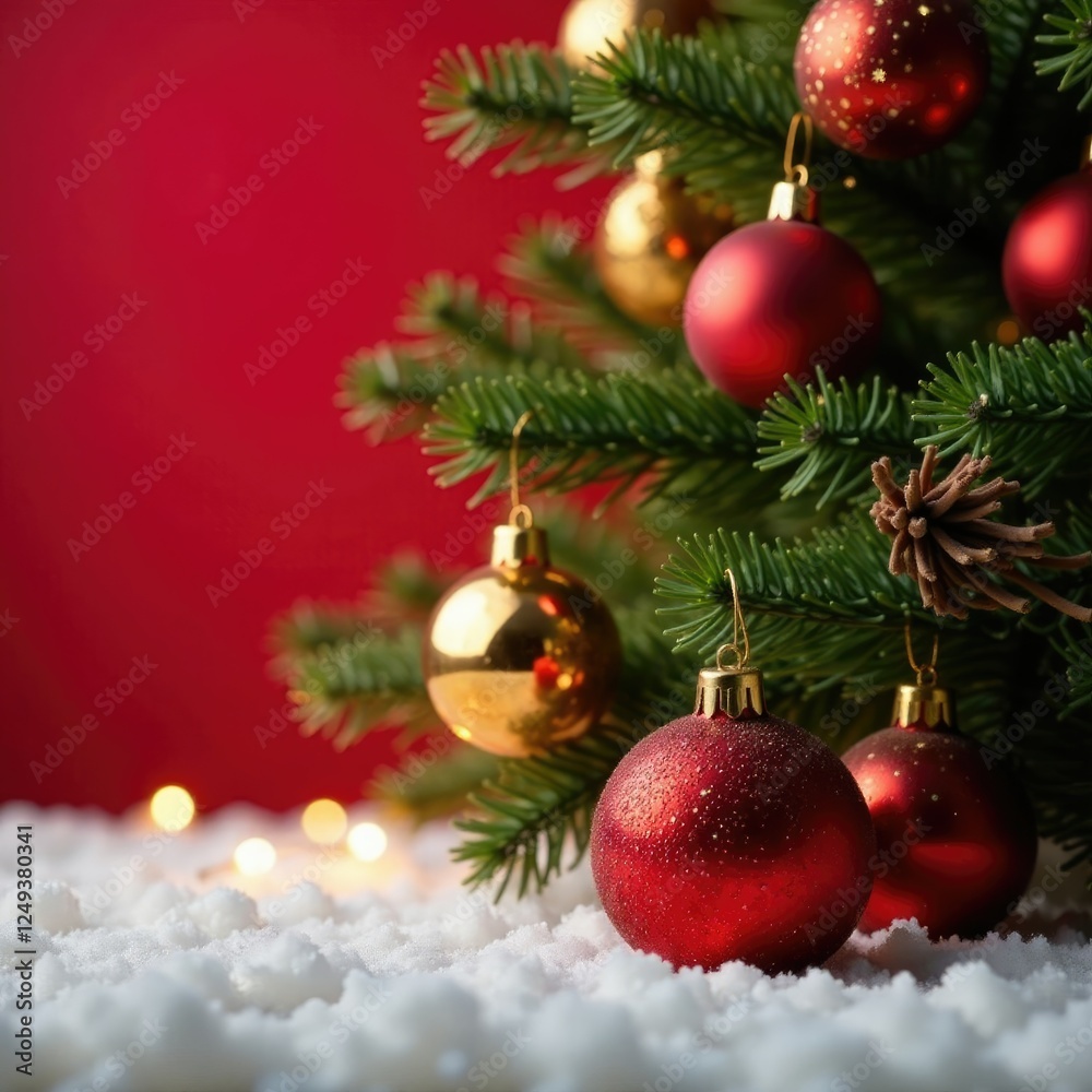 Glittering fir branches wrapped in crimson and gold ornaments and soft glow of festive holiday lights on a snowy red background, glow, ornaments Glittering fir branches wrapped in crimson and gold ornaments and soft glow of festive holiday lights on a snowy red background, glow, ornaments