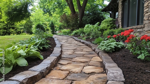 Elegant stone pathway winding through lush garden with vibrant flowers in day...