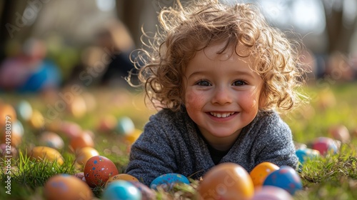 Smiling child enjoys Easter egg hunt in sunny park setting