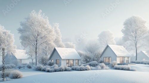 Snow-covered houses nestled in a serene winter landscape during early morning...