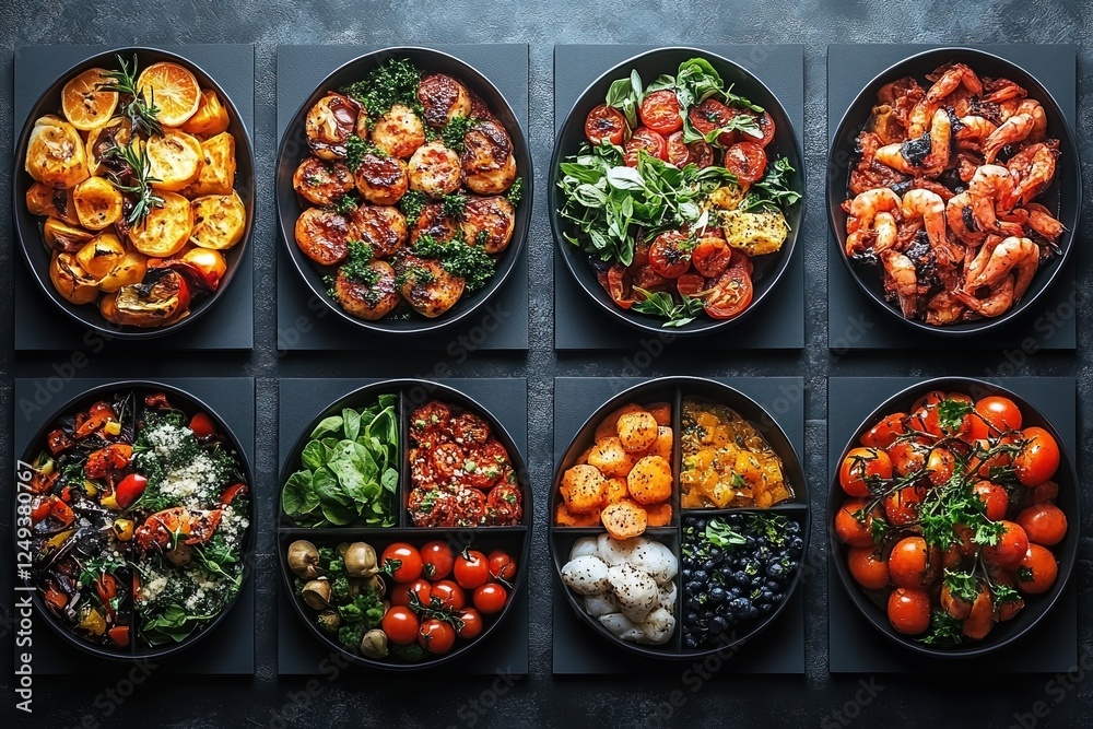 Variety of colorful and healthy dishes arranged on plates for a vibrant meal display Variety of colorful and healthy dishes arranged on plates for a vibrant meal display