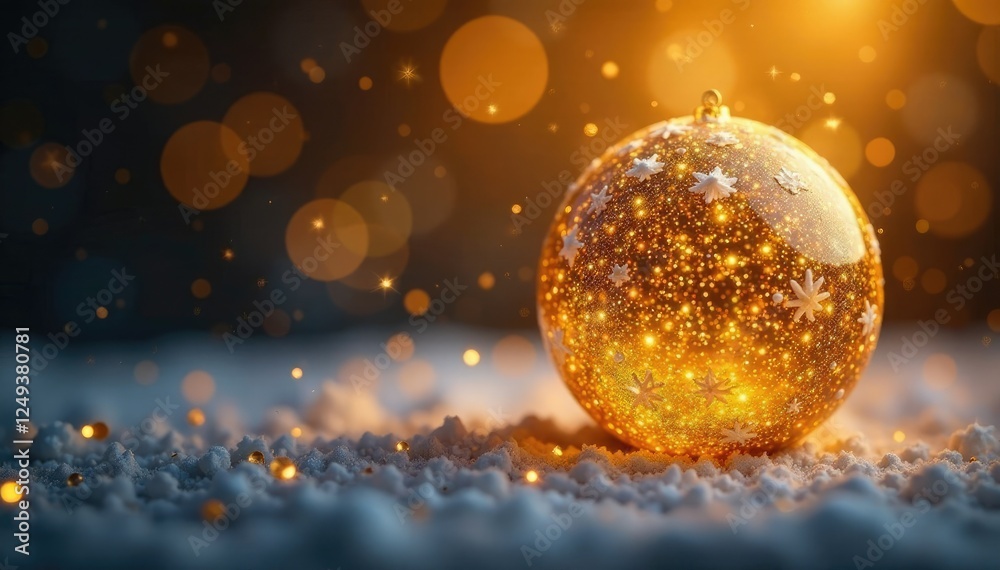 Fototapeta premium Glittering golden sphere with delicate snowflakes, festive scene, magical atmosphere