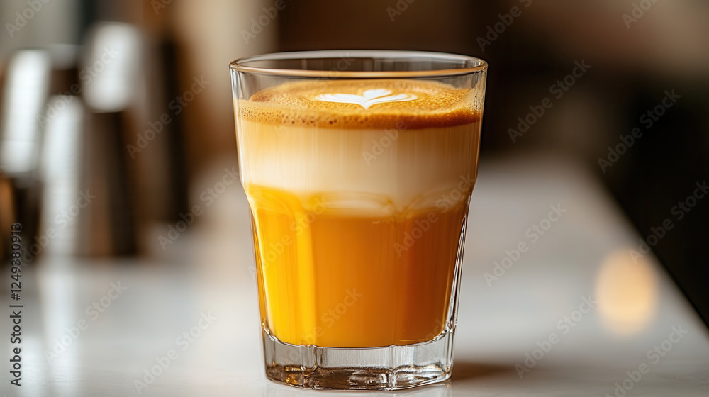 Refreshing coffee and orange juice blend in a transparent glass against a simple white background.Pumpkin latte, autumn coffee Refreshing coffee and orange juice blend in a transparent glass against a simple white background.Pumpkin latte, autumn coffee