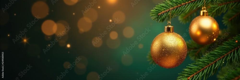 Glittering gold ornaments suspended from a Christmas tree branch, festive, holiday