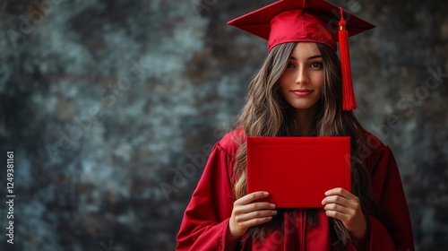 Young woman celebrates graduation in red cap and gown holding diploma